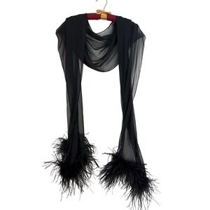 Vintage Frank Usher Black Chiffon Scarf Ostrich Feather Trim Evening Wrap